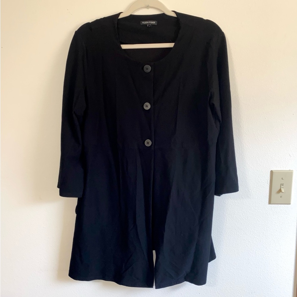 Eileen Fisher Button Front Stretch Tunic Cardigan Jacket Black